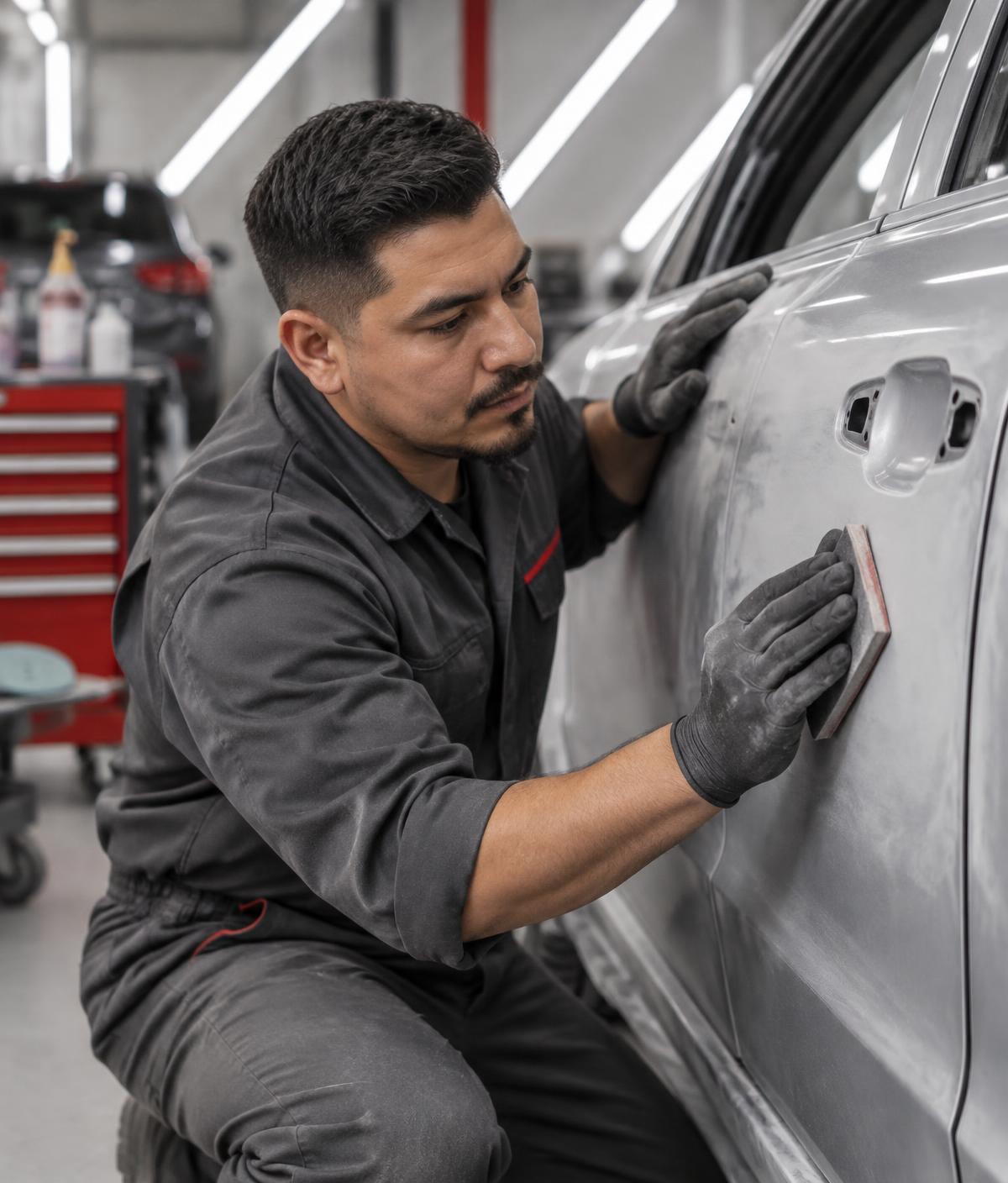 Técnico trabajando cuidadosamente la carrocería de un vehículo